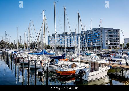 PRODUZIONE - 08 giugno 2023, Schleswig-Holstein, umido: Le barche a vela sono ormeggiate nel porto di fronte agli appartamenti per le vacanze in umido. Negli anni '1960 e '1970 furono create le strutture di base per il turismo moderno nello Schleswig-Holstein. Dove oggi le famiglie giocano a minigolf, i marinai saltellano nel porto e le coppie godono di un trattamento benessere, è stato un bel 50 anni fa: Praticamente nulla. Ma le cose cambiarono presto. Nel mezzo di campi, prati e del Mar Baltico, un centro vacanze con il nome futuristico "Dump 2000" è stato costruito dal 1969 al 1973 nella comunità di Dump, un'ex tenuta. Si è aperto dentro Foto Stock