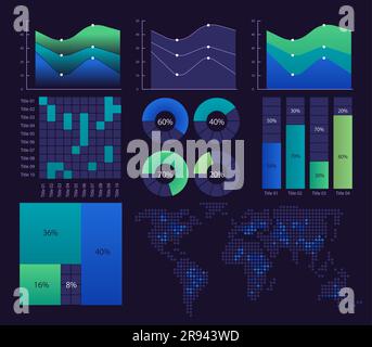 Set di modelli per la progettazione di grafici infografici per la dimostrazione di scoperte scientifiche per tema scuro Illustrazione Vettoriale