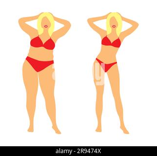 Donna grassa e magra con costume da bagno rosso frontale su sfondo bianco. Illustrazione vettoriale prima e dopo la perdita di peso Illustrazione Vettoriale