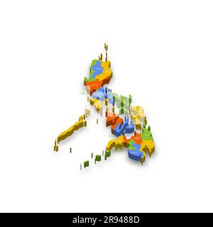 Filippine carta politica delle divisioni amministrative - regioni. Mappa vettoriale 3D colorata con nomi di provincia e ombre eliminate. Illustrazione Vettoriale