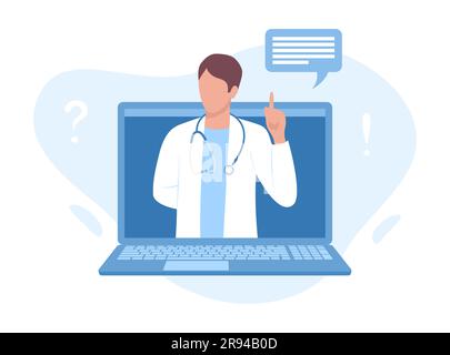 Medico maschio sullo schermo del notebook. Consulto medico online. Illustrazione del vettore piatto Illustrazione Vettoriale
