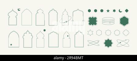 Cornici per finestre islamiche con moderna collezione di illustrazioni di elementi boho di stelle e luna. Architettura araba, l'arco geometrico forma le sagome delle porte Illustrazione Vettoriale