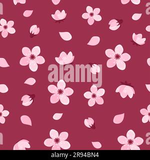 Fiori di ciliegio rosa senza cuciture su sfondo rosa scuro. Sakura Blossom pattern. Illustrazione vettoriale in stile piatto Illustrazione Vettoriale