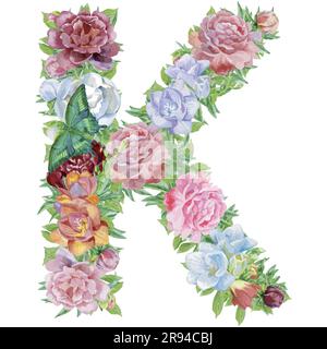 La lettera K di acquerelli di fiori, isolati disegnati a mano su uno sfondo bianco, design di nozze, alfabeto inglese Illustrazione Vettoriale