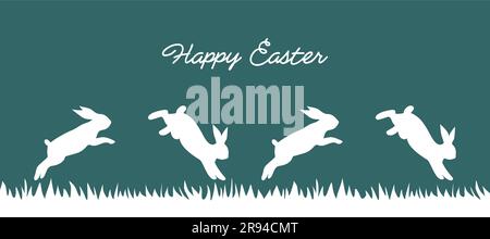 Biglietto d'auguri di Pasqua. Conigli bianchi che saltano in erba su sfondo blu turchese Illustrazione Vettoriale