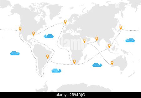 Mappa del mondo con navi, porti marittimi e percorsi di trasporto. Illustrazione vettoriale Illustrazione Vettoriale
