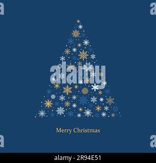 Albero di Natale fatto di fiocchi di neve su sfondo blu. Biglietto d'auguri di Natale. Illustrazione vettoriale Illustrazione Vettoriale