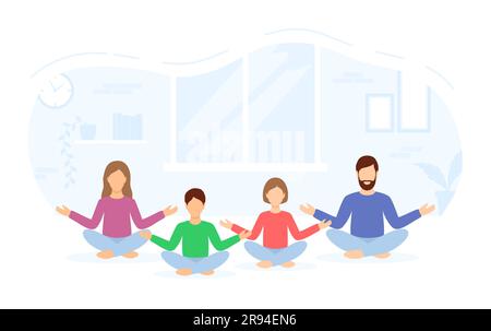 Una famiglia in abiti colorati e informali che meditano insieme a casa. Illustrazione vettoriale in stile piatto Illustrazione Vettoriale