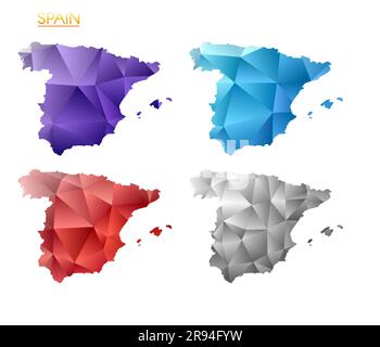 Serie di mappe poligonali vettoriali della Spagna. Mappa del paese con gradiente luminoso in stile poly basso. Mappa della Spagna multicolore in stile geometrico per la tua infographi Illustrazione Vettoriale