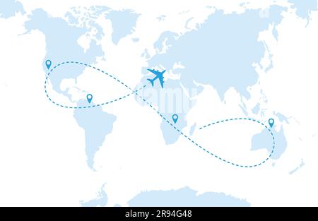 Un aereo blu che vola su una mappa blu del mondo. Linee tratteggiate e icone di arresto. Illustrazione vettoriale Illustrazione Vettoriale