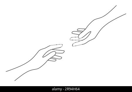 Due mani che si avvicinano. Concetto di aiuto e supporto. Illustrazione vettoriale minimalista in stile line art Illustrazione Vettoriale