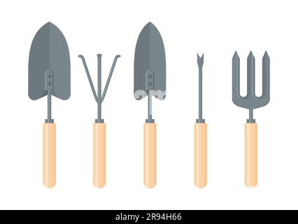 Un set di attrezzi da giardino manuali. Weeder, rake, picche e forcelle isolati su uno sfondo bianco. Illustrazione vettoriale in stile piatto Illustrazione Vettoriale