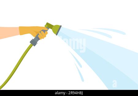 Una mano in un guanto di gomma che tiene un tubo con un flusso d'acqua isolato su uno sfondo bianco. Illustrazione vettoriale in stile piatto Illustrazione Vettoriale
