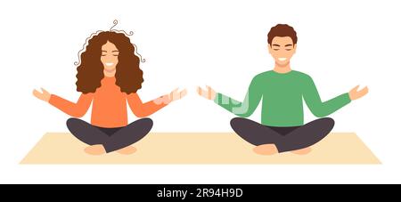 Giovani coppie che meditano insieme. Donna e uomo in abiti casual seduti con gli occhi chiusi sul tappetino in posizione di loto. Illustrazione vettoriale Illustrazione Vettoriale