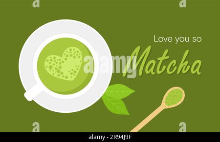 Tè matcha verde giapponese con schiuma a forma di cuore in una tazza, decorata da foglie, in polvere in un cucchiaio di bambù su sfondo verde. Vista dall'alto Illustrazione Vettoriale