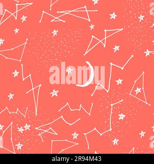Cielo notturno stilizzato motivo senza cuciture con stelle splendenti e costellazioni. Sfondo disegnato a mano in bianco e nero Illustrazione Vettoriale