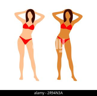 Donna in bikini rosso a tutta altezza prima e dopo l'abbronzatura istantanea su sfondo bianco Illustrazione Vettoriale