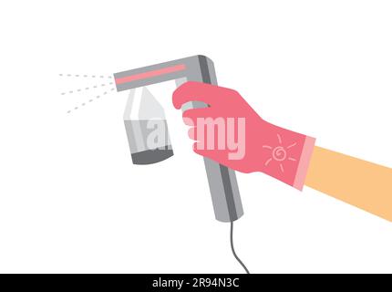 La mano in un guanto rosa contiene una macchina per abbronzatura spray grigia. Illustrazione vettoriale della procedura di abbronzatura Illustrazione Vettoriale