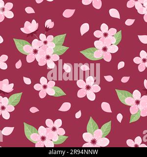 Modello Sakura senza cuciture con fiori, gemme e foglie su sfondo rosa scuro. Motivo rosa dei fiori di ciliegio. Illustrazione vettoriale in stile piatto Illustrazione Vettoriale