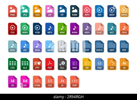 Raccolta di formati file. PNG, JPG, MP3, MP4. Icona formati file Illustrazione Vettoriale