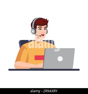 Uomo con computer, cuffie e microfono . Illustrazione concettuale per supporto, assistenza, call center. Operatore call center, programmatore, giocatore. Illustrazione vettoriale in stile piatto Illustrazione Vettoriale