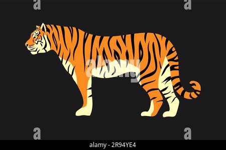 Illustrazione vettoriale piatta di una tigre arancione con strisce nere in profilo su sfondo grigio scuro. Simbolo del 2022 Illustrazione Vettoriale