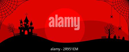 Sagome nere di castello, albero, ragni sul web e cimitero su sfondo rosso con luna piena e spazio per copiare. Banner di Halloween Illustrazione Vettoriale