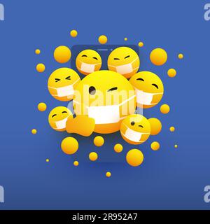 Varie emoticon gialle che indossano maschere mediche davanti allo schermo di uno smartphone, illustrazione concetto vettoriale Illustrazione Vettoriale