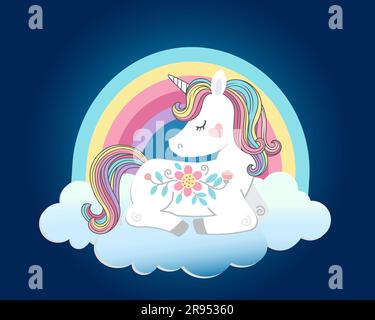 Il simpatico unicorno dorme su soffici nuvole nel cielo notturno Illustrazione Vettoriale