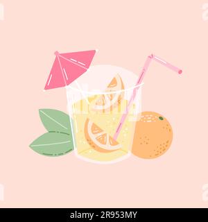 Cocktail estivo con bevanda alla frutta con ombrello, paglierino e fette di agrumi, colorata illustrazione vettoriale disegnata a mano Illustrazione Vettoriale