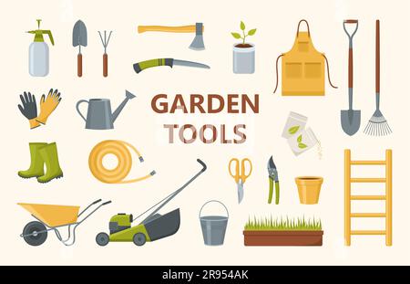 Un set di attrezzature per il giardinaggio, attrezzi e vestiti. Illustrazione vettoriale in stile piatto Illustrazione Vettoriale