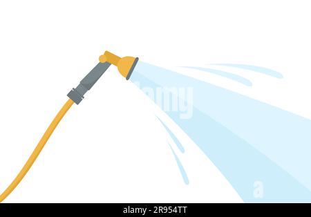 Un tubo per innaffiare giallo con un flusso d'acqua isolato su sfondo bianco. Illustrazione del vettore piatto Illustrazione Vettoriale
