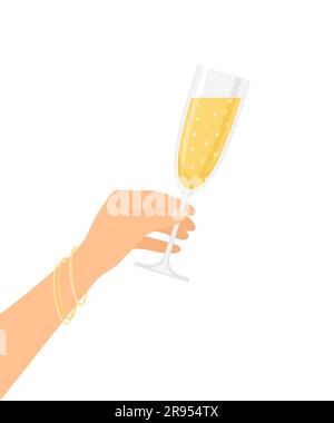 Mano femminile che regge un bicchiere di champagne frizzante isolato su sfondo bianco. Illustrazione vettoriale in stile piatto Illustrazione Vettoriale