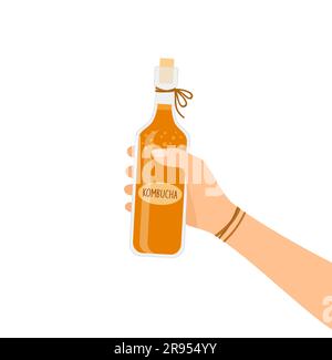 Mano tenendo una bottiglia con tè kombucha su sfondo bianco Illustrazione Vettoriale