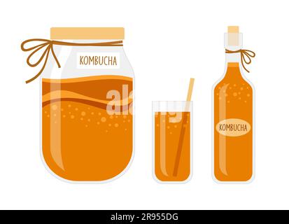 Barattolo, bicchiere e bottiglia di tè kombucha fatto in casa su sfondo bianco Illustrazione Vettoriale