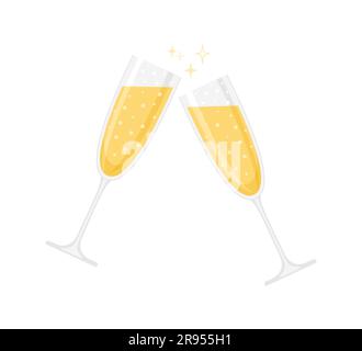 Due bicchieri di vino frizzante o champagne isolati su sfondo bianco. Illustrazione vettoriale in stile piatto Illustrazione Vettoriale