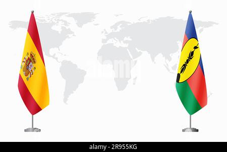 Spagna e nuova Caledonia bandiere per un incontro ufficiale sullo sfondo della mappa mondiale. Illustrazione Vettoriale