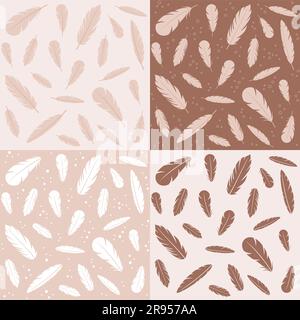 Set di motivi senza cuciture con piume nei colori beige e marrone. Illustrazione vettoriale in stile piatto Illustrazione Vettoriale