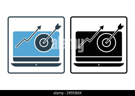 Icona di gestione delle attività di progetto. notebook e target. pianificazione efficace del tempo, icona correlata al mercato di destinazione, marketing digitale. Design a icona solido. S Illustrazione Vettoriale