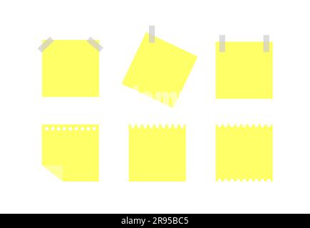 Serie vettoriale di adesivi gialli per note quadrate su sfondo bianco Illustrazione Vettoriale