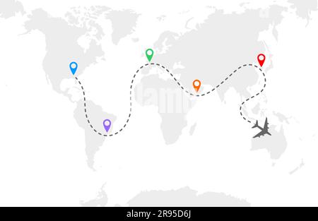 Un aereo grigio che sorvola una mappa del mondo. Linea tratteggiata grigia e icone di arresto colorate. Illustrazione vettoriale Illustrazione Vettoriale