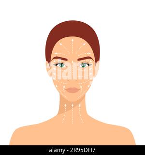 Bella donna con linee massaggianti su viso e collo isolate su sfondo bianco. Istruzioni per il massaggio viso e collo e per la costruzione del viso Illustrazione Vettoriale