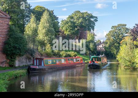 Imbarcazioni a narrowboat sullo Shropshire Union Canal, Chester, Cheshire, Regno Unito. Foto Stock