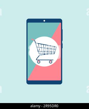 Carrello sullo schermo dello smartphone. Il concetto di shopping online. Illustrazione del vettore piatto Illustrazione Vettoriale