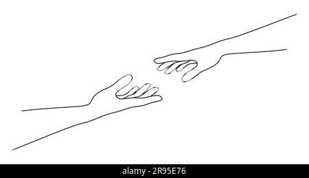 Mani femminili e maschili che si avvicinano l'una all'altra. Una donna che dà una mano a un uomo. Illustrazione vettoriale in stile minimalista Illustrazione Vettoriale