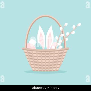 Cestino pasquale con uova, orecchie di coniglio e rami di salice in fiore. Illustrazione vettoriale in stile piatto Illustrazione Vettoriale