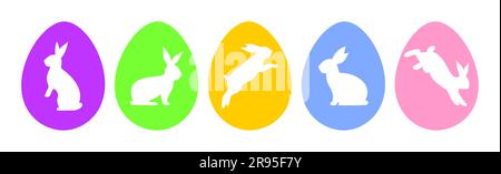 Uova di Pasqua multicolore con conigli bianchi isolati su sfondo bianco Illustrazione Vettoriale