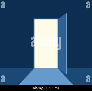 Luce proveniente da una porta aperta che entra in una stanza buia. Concetto di speranza, luce alla fine del tunnel e nuove opportunità. Illustrazione del vettore piatto Illustrazione Vettoriale