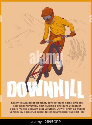 poster downhill in stile vintage. discesa in mountain bike. illustrazione vettoriale Illustrazione Vettoriale
