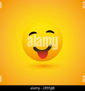 Emoji sorridente con linguetta bloccata - Emoticon felice semplice su sfondo giallo - Vector Design Illustrazione Vettoriale